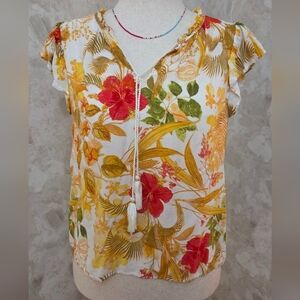 Rose + Olive Tropical Floral Rayon Blouse XL Boho Tassel Tie Flutter Sleeve Top